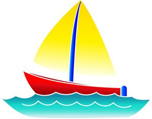 Red sailboat with yellow sail on blue-green waves, stylized vector illustration.