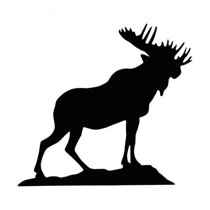 Black silhouette of a moose standing on a rocky outcrop, side profile with large antlers.