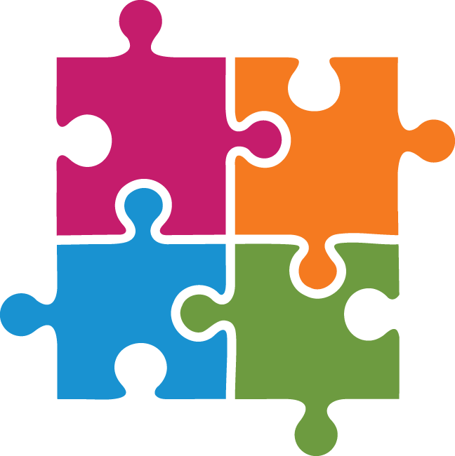Four interlocking puzzle pieces in magenta, orange, blue, and green forming a complete square.