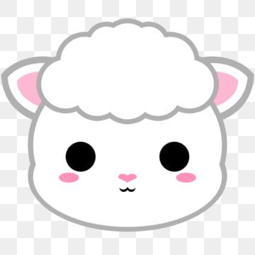 Cute kawaii-style white lamb face with pink cheeks, black eyes, and fluffy wool on transparent background.