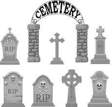 Grayscale cemetery illustration with stone archway, tombstones, crosses, and skull motifs.