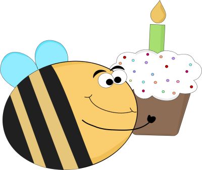 A cheerful cartoon bee with blue wings hugs a birthday cupcake topped with sprinkles and a lit green candle.