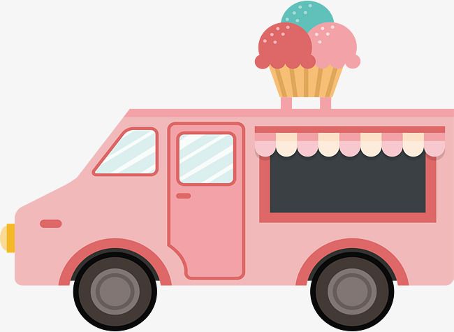 Pink ice cream truck with three scoops on top and a striped awning.