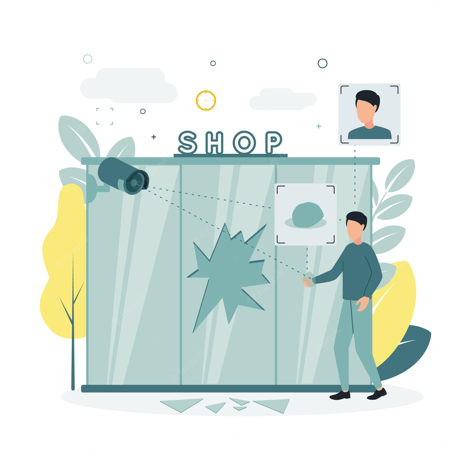 A man throws a rock at a shop window, triggering security cameras and facial recognition alerts.
