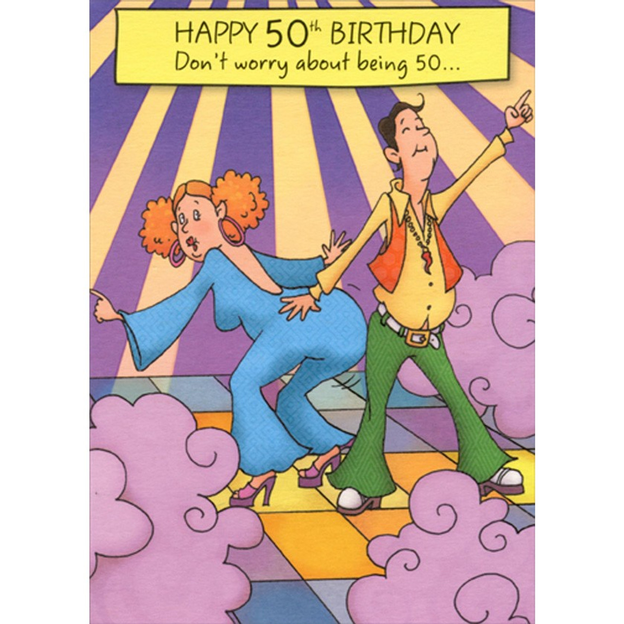 Cartoon couple dancing in 70s style outfits celebrating a 50th birthday with disco lighting and clouds.