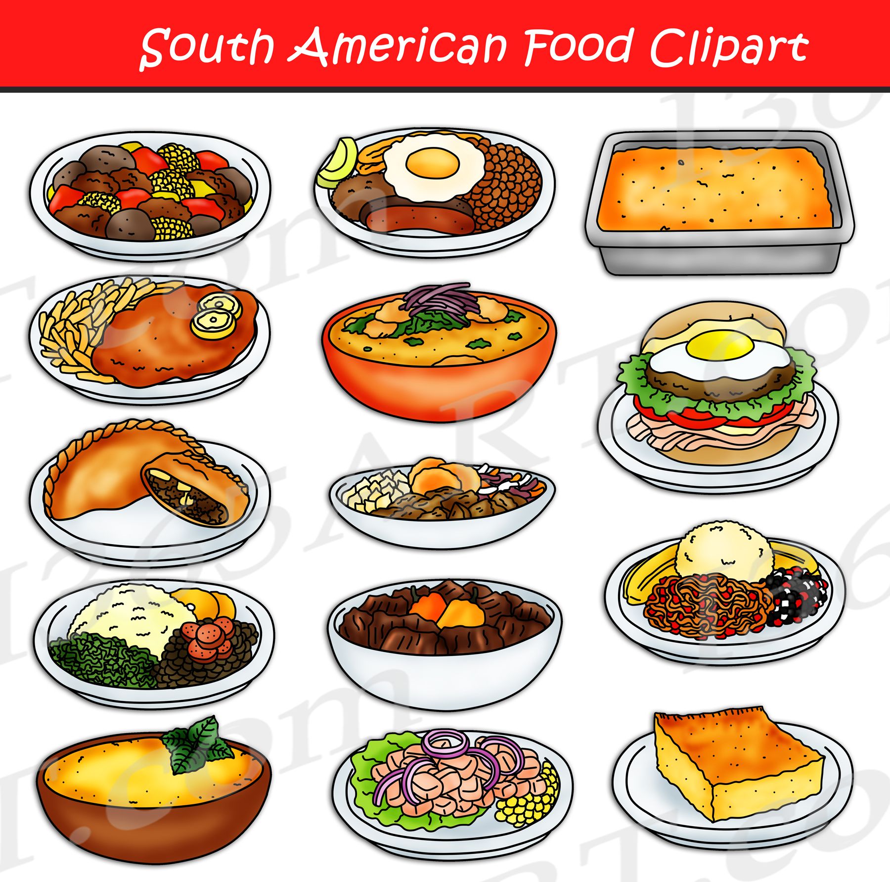 Illustrated clipart collection of diverse South American dishes including empanadas, feijoada, asado, and arepas.