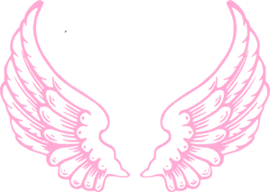 Pink stylized angel wings on black background, symmetrical design with feather details.