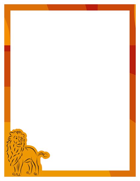 Orange decorative border with a stylized lion illustration in the bottom-left corner.