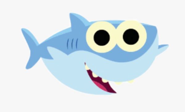 Friendly cartoon blue shark with big yellow eyes, smiling mouth, and visible teeth on white background.