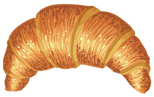 Golden, flaky croissant with layered texture and buttery sheen, illustrated in warm tones.