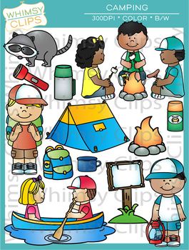 Colorful camping clip art set featuring diverse kids, tents, campfire, canoe, gear, and animals like raccoons.