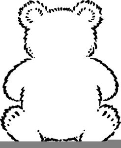 Simple black-and-white line drawing of a seated teddy bear silhouette, facing forward with rounded ears and paws.