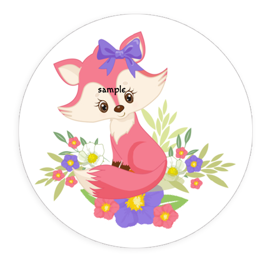 Cute pink fox with purple bow surrounded by colorful flowers and green leaves in a circular design.