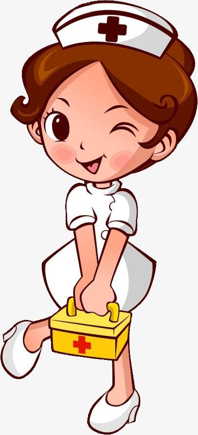 Cheerful cartoon nurse in white uniform and cap, winking while holding a yellow first-aid kit with red cross.