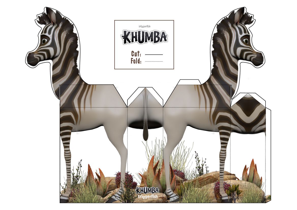 Printable 3D paper zebra craft template from Khumba movie by Triggerfish, with cut/fold lines and savanna background.