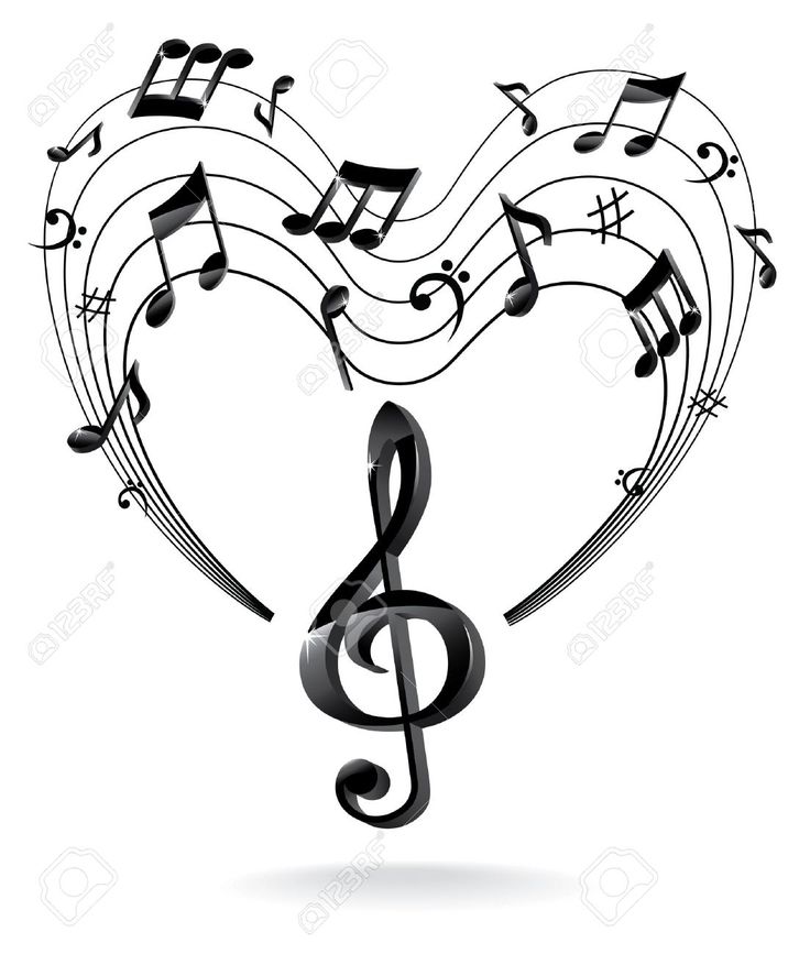 A heart-shaped arrangement of musical notes and staff lines with a glossy treble clef below, symbolizing love for music.