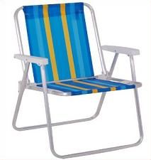 Blue and yellow striped folding beach chair with aluminum frame and armrests.