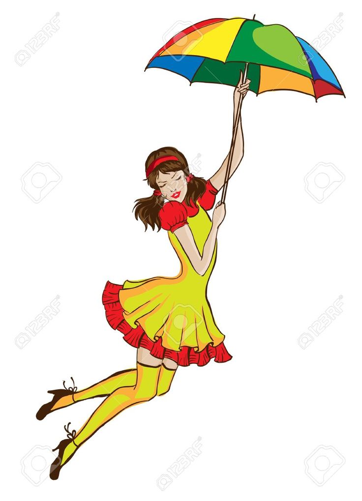 A joyful woman in a yellow dress with red ruffles floats mid-air, holding a rainbow-colored umbrella.