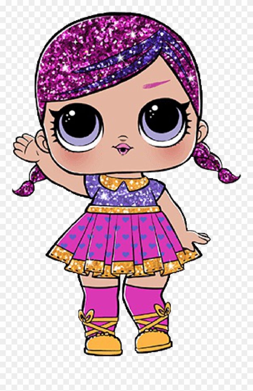 Glittery purple-haired LOL Surprise doll in a sparkly dress waving hello.