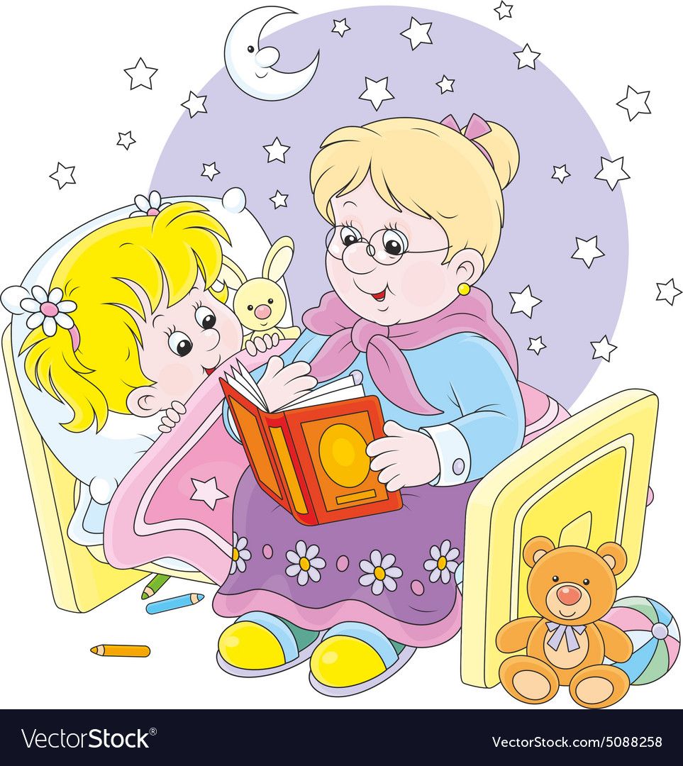 A grandmother reads a bedtime story to her smiling granddaughter in bed, under a starry night sky with a crescent moon.