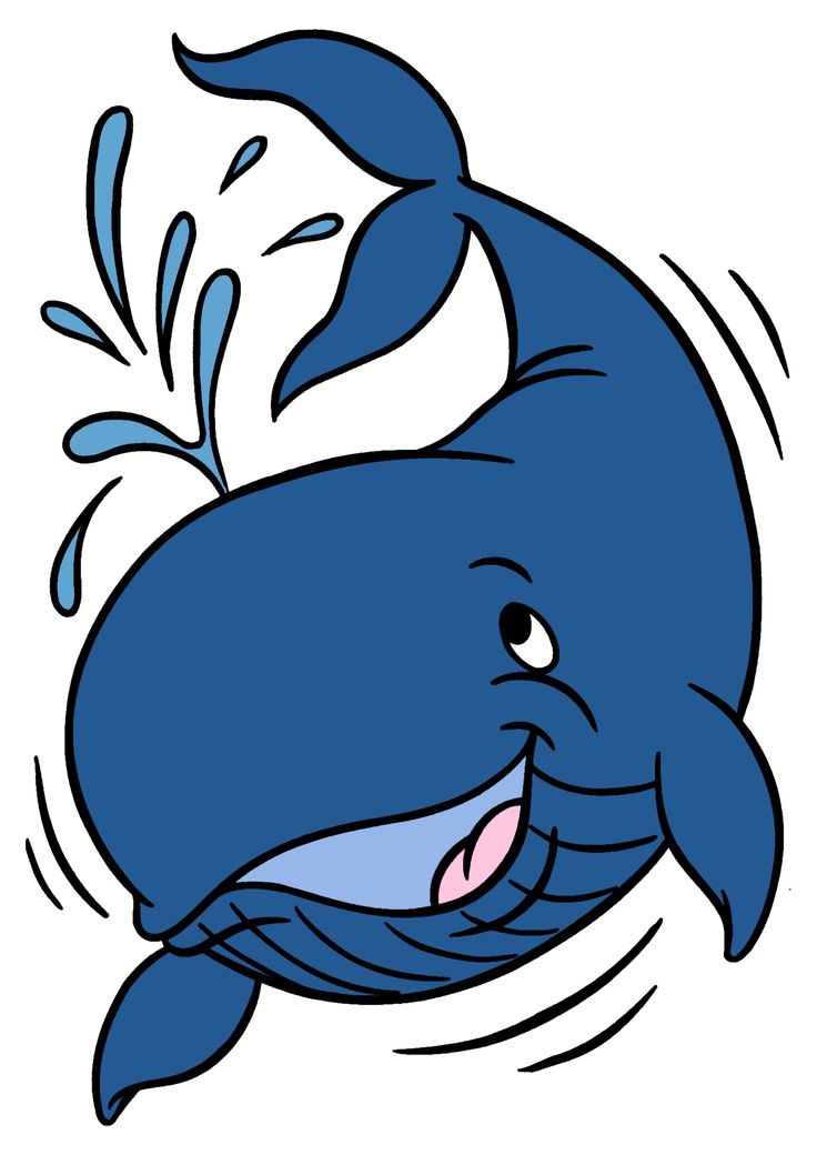 Cheerful blue cartoon whale splashing water with a wide smile and playful motion lines.