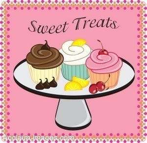 A pink-themed illustration of three decorated cupcakes-chocolate, vanilla, and cherry-on a white cake stand with fruit garnishes.
