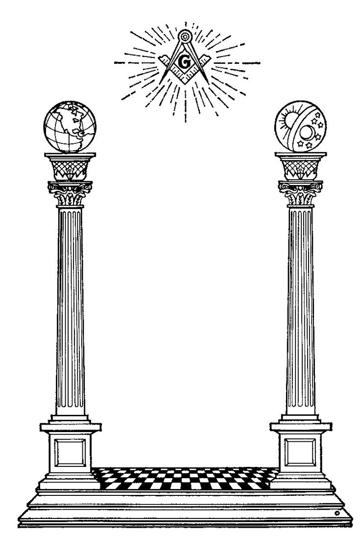 Masonic pillars Jachin and Boaz with globe, celestial sphere, and All-Seeing Eye above a checkered floor.