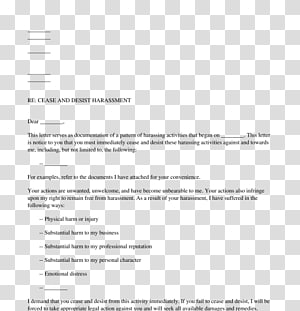Sample legal document titled "CEASE AND DESIST HARASSMENT" with fillable fields and bullet-point examples of harassment types.