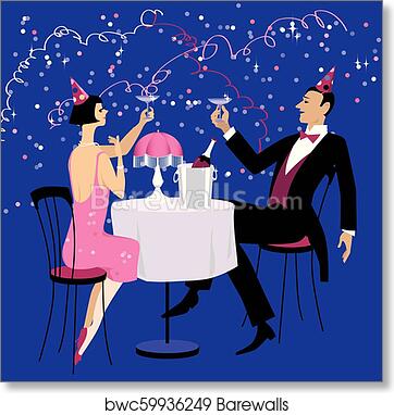 A stylish 1920s-inspired couple celebrates at a romantic dinner table with champagne, party hats, and confetti against a deep blue backdrop.