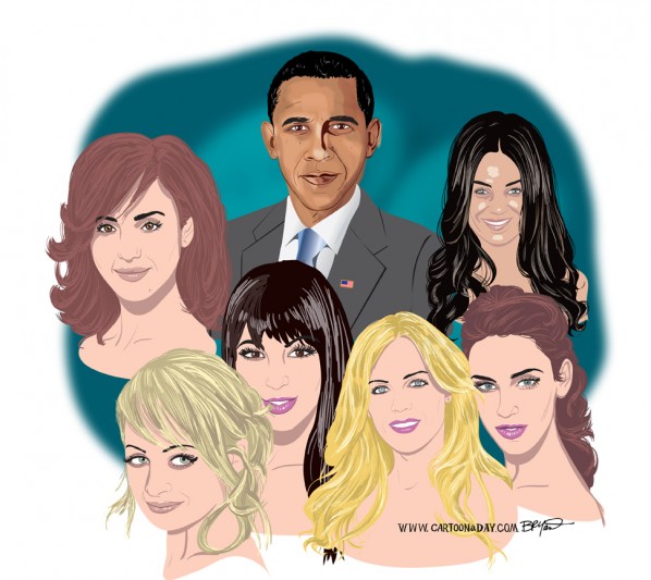 Caricature illustration featuring Barack Obama surrounded by six women in stylized portraits against a teal background.