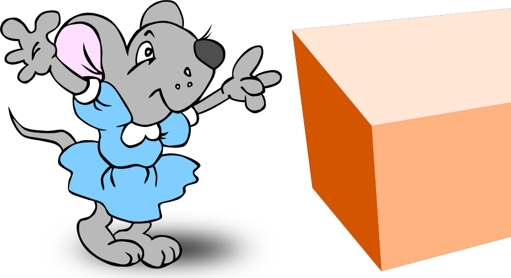 A cheerful cartoon mouse in a blue dress gestures toward an orange 3D cube.
