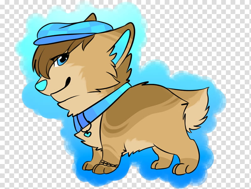 A cartoon brown fox wearing a blue cap and collar, with blue eyes and a cheerful expression, surrounded by soft blue aura.