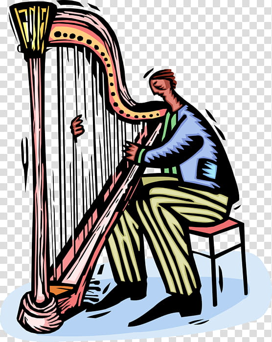 A stylized illustration of a person seated playing a large harp with expressive motion lines.