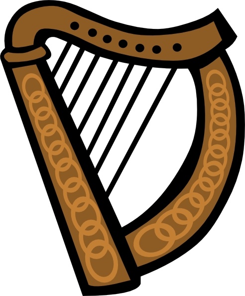 Stylized brown harp with Celtic knotwork patterns and white strings, iconic symbol of Ireland.