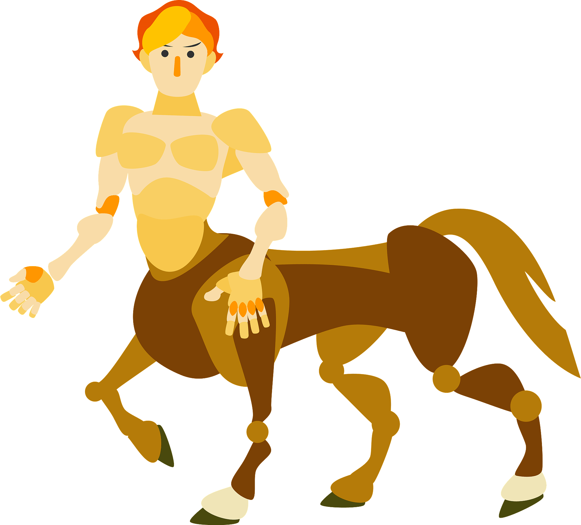 Stylized centaur with human upper body and horse lower body, orange hair, in flat vector illustration style against teal background.