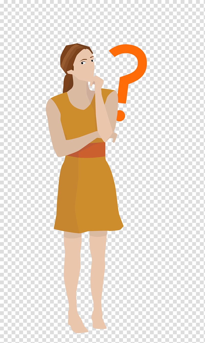 Woman in yellow dress thinking with orange question mark beside her, illustrating curiosity or decision-making.
