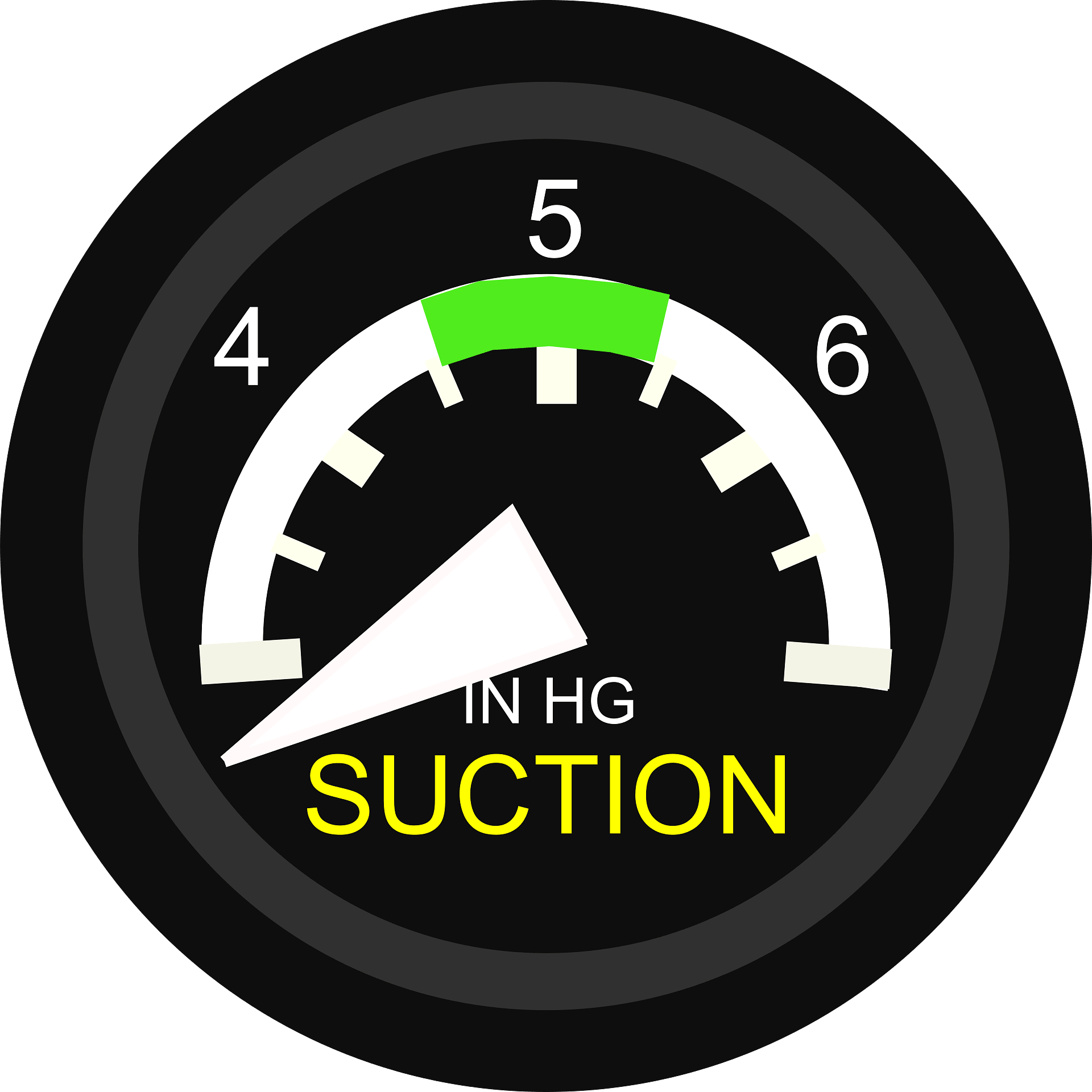 Aircraft suction gauge showing vacuum pressure in inches of mercury, with needle at ~4.8 inHg and green safe zone between 4.5-5.5 inHg.