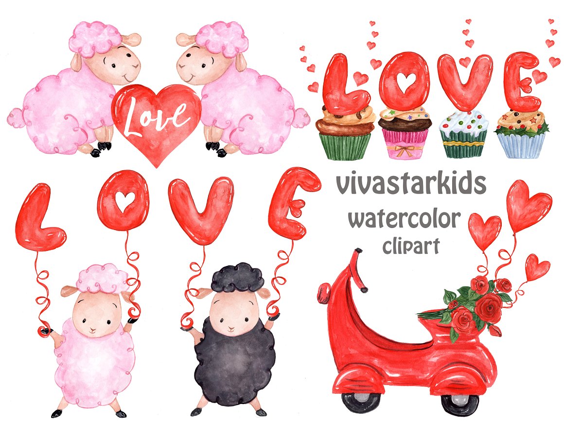Watercolor Valentine’s clipart featuring pink and black sheep, “LOVE” balloons, cupcakes, and a red scooter with roses.