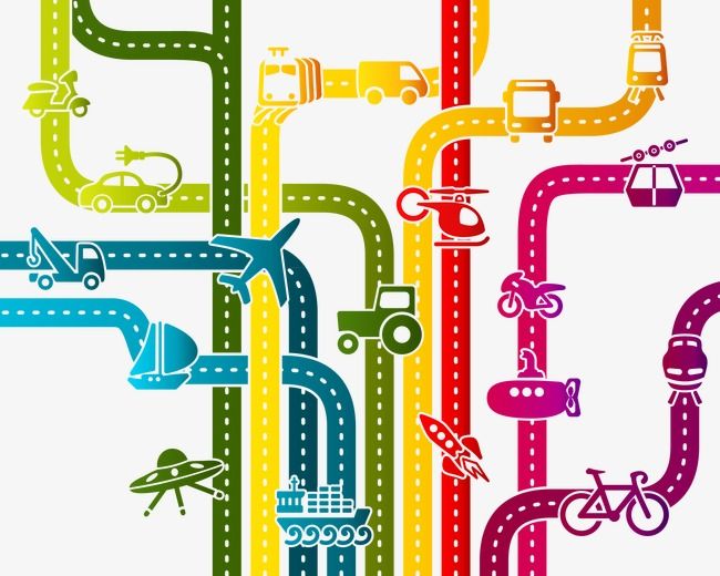 Colorful illustrated transportation network with roads, vehicles, planes, ships, bikes, and futuristic modes like UFOs and rockets.