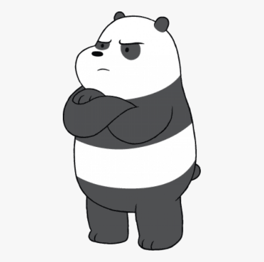 Grumpy cartoon panda with arms crossed, black-and-white striped fur, and a skeptical expression.