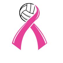 Pink awareness ribbon with a volleyball integrated into the top loop, symbolizing breast cancer awareness in sports.