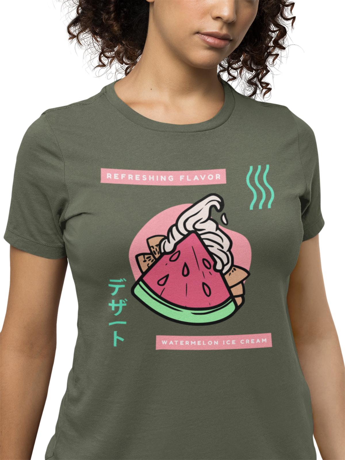 Olive green t-shirt featuring a watermelon ice cream cone graphic with Japanese text and "Refreshing Flavor" label.