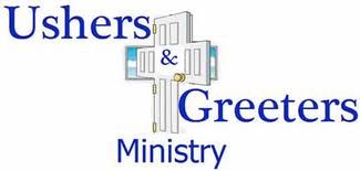 Logo for Ushers & Greeters Ministry featuring open doors and a cross symbol.