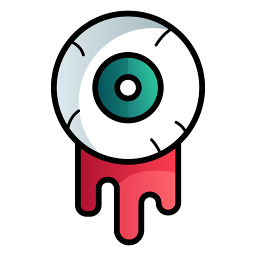 A stylized cartoon eyeball with a green iris, white sclera, and red blood dripping from the bottom against a black background.