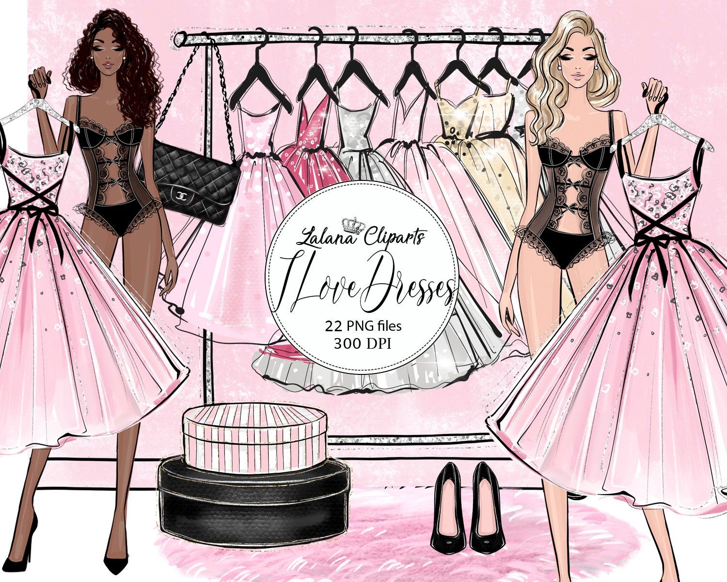 Two illustrated women in lingerie holding pink party dresses, with a clothing rack and accessories in a glamorous pink-themed setting.