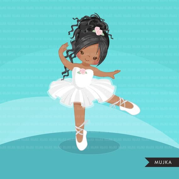 A smiling Black ballerina girl in a white tutu with pink flower accents, dancing en pointe on a teal background.