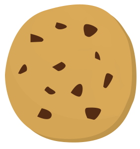A cartoon-style chocolate chip cookie with golden-brown dough and scattered dark chocolate chunks.