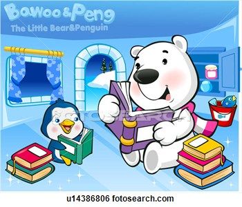Bowoo the polar bear and Peng the penguin reading books together in a cozy room with snow outside.