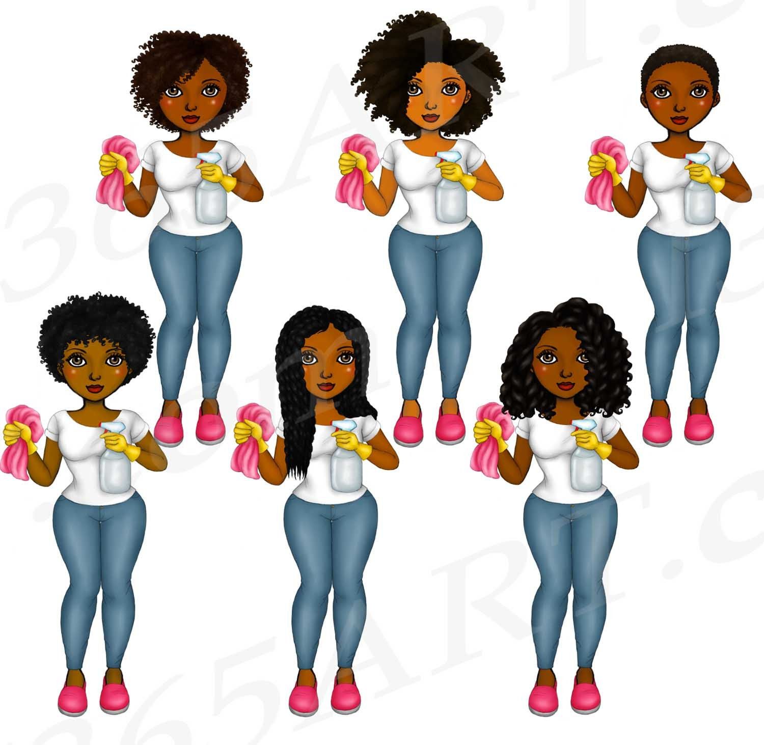 Six illustrated Black women in cleaning outfits holding spray bottles and pink cloths, each with unique hairstyles.