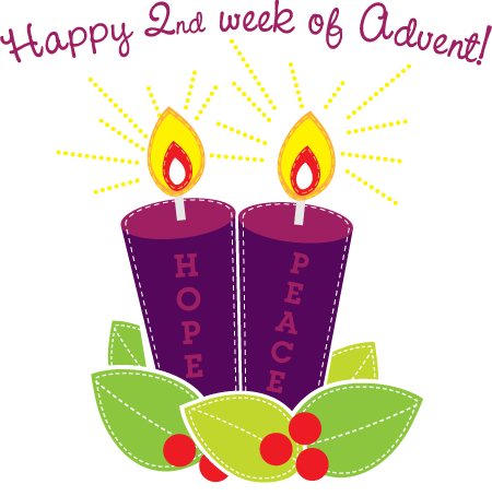Two lit purple Advent candles labeled "Hope" and "Peace", surrounded by green leaves and red berries, with festive text above.